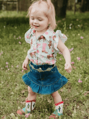 Shea Baby SBD01 Kids Ruffle Denim Skirt Blue front view on toddler