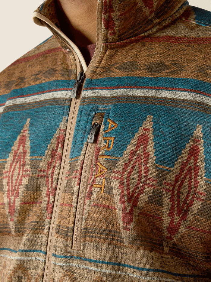 Ariat 10052818 Mens Caldwell Full Zip Sweater Oxford Tan Southwest Print front view. If you need any assistance with this item or the purchase of this item please call us at five six one seven four eight eight eight zero one Monday through Saturday 10:00a.m EST to 8:00 p.m EST