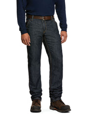 Ariat 10030263 Mens FR M4 Relaxed Stretch Duralight Workhorse Stackable Straight Leg Jean Dark Wash front view. If you need any assistance with this item or the purchase of this item please call us at five six one seven four eight eight eight zero one Monday through Saturday 10:00a.m EST to 8:00 p.m EST
