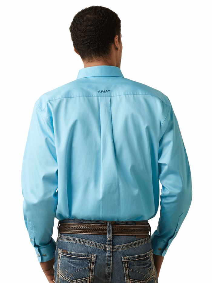 Ariat 10044940 Mens Team Logo Twill Classic Long Sleeve Shirt Cenote Aqua front view. If you need any assistance with this item or the purchase of this item please call us at five six one seven four eight eight eight zero one Monday through Saturday 10:00a.m EST to 8:00 p.m EST