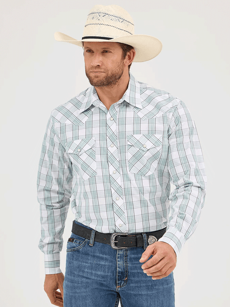 Wrangler 112359549 Mens 20X Competition Western Shirt Beryl Plaid Green front view. If you need any assistance with this item or the purchase of this item please call us at five six one seven four eight eight eight zero one Monday through Saturday 10:00a.m EST to 8:00 p.m EST