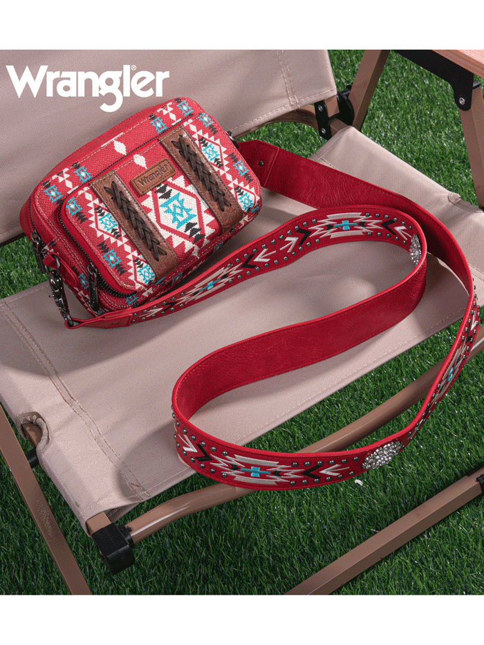 Wrangler WG2207-3003RD Womens Aztec Printed Crossbody Purse With Wallet Compartment Red front. If you need any assistance with this item or the purchase of this item please call us at five six one seven four eight eight eight zero one Monday through Saturday 10:00a.m EST to 8:00 p.m EST