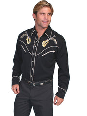 Scully P-665-BLK Mens Rock'N Roll Guitars Embroidered Western Shirt Black frot view. If you need any assistance with this item or the purchase of this item please call us at five six one seven four eight eight eight zero one Monday through Saturday 10:00a.m EST to 8:00 p.m EST