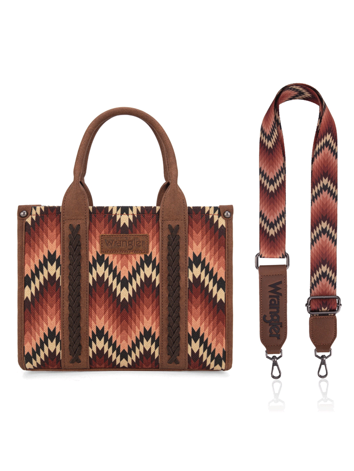 Wrangler WG2211-8120SBR Womens Southwestern Pattern Dual Sided Print Tote Crossbody Bag Brown front and side view. If you need any assistance with this item or the purchase of this item please call us at five six one seven four eight eight eight zero one Monday through Saturday 10:00a.m EST to 8:00 p.m EST