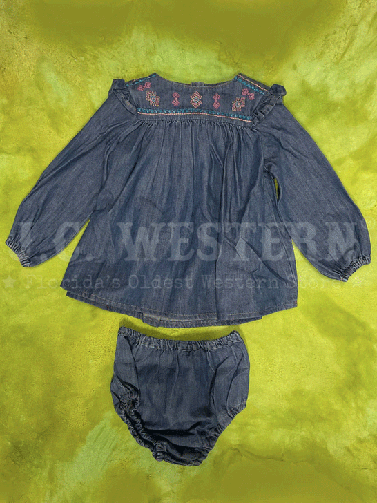 Wrangler 112335365 Infants Long Sleeve Dress Denim alternate front view with diaper cover. If you need any assistance with this item or the purchase of this item please call us at five six one seven four eight eight eight zero one Monday through Saturday 10:00a.m EST to 8:00 p.m EST