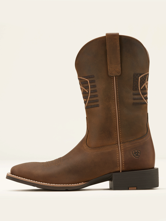 Ariat 10061326 Mens Sport Freeedom Cowboy Boot Distressed Brown front and side view.If you need any assistance with this item or the purchase of this item please call us at five six one seven four eight eight eight zero one Monday through Saturday 10:00a.m EST to 8:00 p.m EST