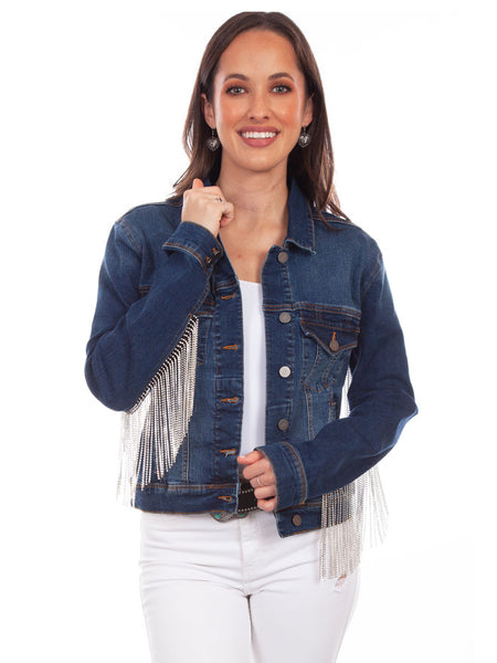 Scully HC792-DEN Womens Rhinestone   Fringe Denim Western Jacket Blue front view. If you need any assistance with this item or the purchase of this item please call us at five six one seven four eight eight eight zero one Monday through Saturday 10:00a.m EST to 8:00 p.m EST