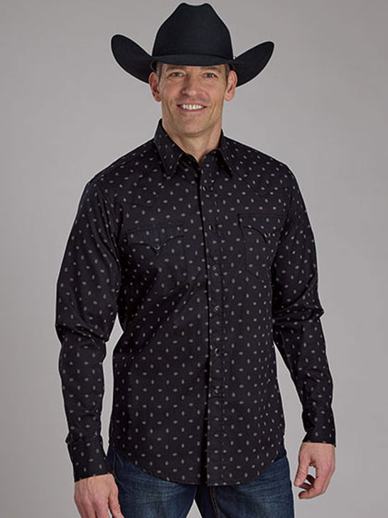 Roper 03-001-0064-0151 Mens Long Sleeve Performance All Over Print Snap Shirt Black front view. If you need any assistance with this item or the purchase of this item please call us at five six one seven four eight eight eight zero one Monday through Saturday 10:00a.m EST to 8:00 p.m EST