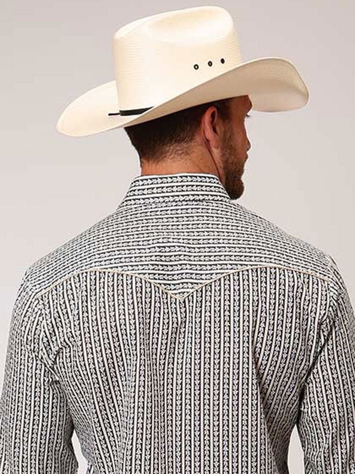 Roper 01-001-0086-0415 Mens Ground Wallpaper Print Snap Western Shirt Grey front view. If you need any assistance with this item or the purchase of this item please call us at five six one seven four eight eight eight zero one Monday through Saturday 10:00a.m EST to 8:00 p.m EST