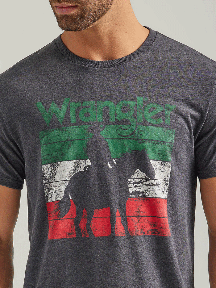 Wrangler 112339597 Mens Mexico Horse Rider Graphic T-Shirt Charcoal Heather front view. If you need any assistance with this item or the purchase of this item please call us at five six one seven four eight eight eight zero one Monday through Saturday 10:00a.m EST to 8:00 p.m EST