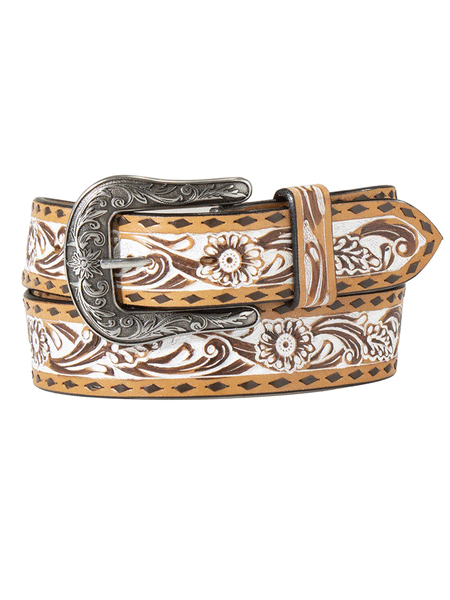 Angel Ranch D140006008 Womens Hand Tooled Floral Belt White Stain Tan front view. If you need any assistance with this item or the purchase of this item please call us at five six one seven four eight eight eight zero one Monday through Saturday 10:00a.m EST to 8:00 p.m EST