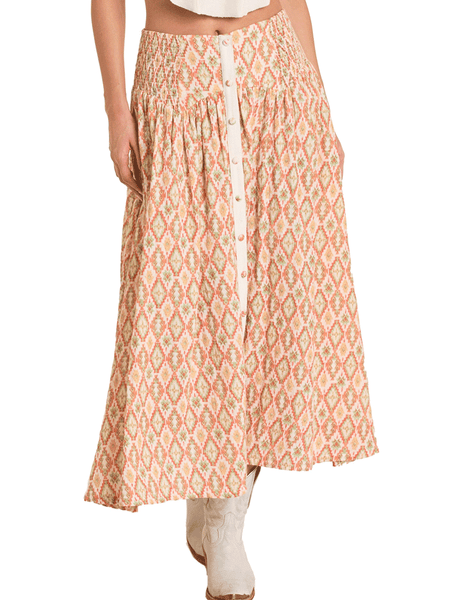 Rock & Roll Denim BW69B06275 Womens Aztec Print Maxi Skirt Natural front view. If you need any assistance with this item or the purchase of this item please call us at five six one seven four eight eight eight zero one Monday through Saturday 10:00a.m EST to 8:00 p.m EST
