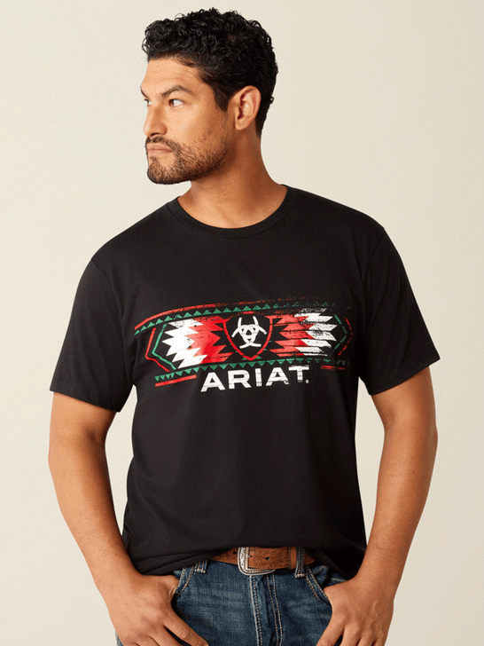 Ariat 10055156 Mens Southwestern Mexico T-Shirt Black front view. If you need any assistance with this item or the purchase of this item please call us at five six one seven four eight eight eight zero one Monday through Saturday 10:00a.m EST to 8:00 p.m EST