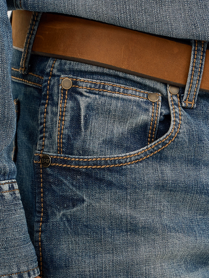 Wrangler WLT88BZ Mens Retro Slim Fit Straight Leg Jean Bozeman front view. If you need any assistance with this item or the purchase of this item please call us at five six one seven four eight eight eight zero one Monday through Saturday 10:00a.m EST to 8:00 p.m EST