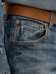 Wrangler WLT88BZ Mens Retro Slim Fit Straight Leg Jean Bozeman front pocket close up. If you need any assistance with this item or the purchase of this item please call us at five six one seven four eight eight eight zero one Monday through Saturday 10:00a.m EST to 8:00 p.m EST

