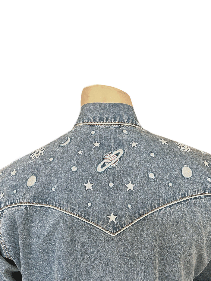 Rockmount 6814-DEN Mens Out of This World Embroidered Denim Western Shirt Light Blue front view. If you need any assistance with this item or the purchase of this item please call us at five six one seven four eight eight eight zero one Monday through Saturday 10:00a.m EST to 8:00 p.m EST

