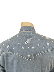 Rockmount 6814-DEN Mens Out of This World Embroidered Denim Western Shirt Light Blue back close up view. If you need any assistance with this item or the purchase of this item please call us at five six one seven four eight eight eight zero one Monday through Saturday 10:00a.m EST to 8:00 p.m EST

