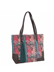 Catchfly 22035600MUL Womens Steer Head Print Tote Bag Turquoise And Coral front view. If you need any assistance with this item or the purchase of this item please call us at five six one seven four eight eight eight zero one Monday through Saturday 10:00a.m EST to 8:00 p.m EST