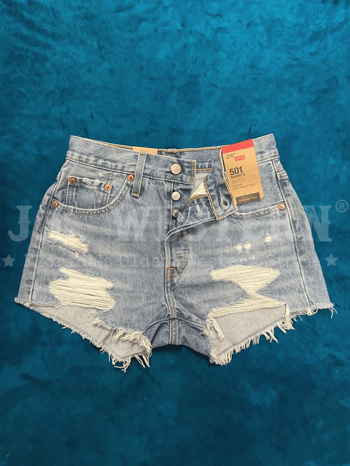 Levi's 563270321 Womens 501 Original Shorts Quiet Riot front view on model. If you need any assistance with this item or the purchase of this item please call us at five six one seven four eight eight eight zero one Monday through Saturday 10:00a.m EST to 8:00 p.m EST