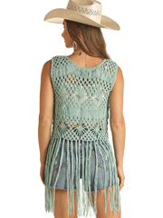 Rock & Roll Denim RRWT38R0ZG Womens Crochet Fringe Vest back view. If you need any assistance with this item or the purchase of this item please call us at five six one seven four eight eight eight zero one Monday through Saturday 10:00a.m EST to 8:00 p.m EST