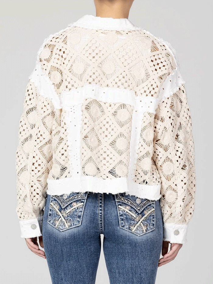 Miss Me MJ0789L-A Womens Crochet Eyelet Jacket White Ivory front view. If you need any assistance with this item or the purchase of this item please call us at five six one seven four eight eight eight zero one Monday through Saturday 10:00a.m EST to 8:00 p.m EST

