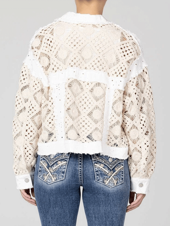 Miss Me MJ0789L-A Womens Crochet Eyelet Jacket White Ivory back view. If you need any assistance with this item or the purchase of this item please call us at five six one seven four eight eight eight zero one Monday through Saturday 10:00a.m EST to 8:00 p.m EST

