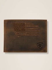 Ariat A3545602 Mens Bifold American Flag Wallet Bark front view. If you need any assistance with this item or the purchase of this item please call us at five six one seven four eight eight eight zero one Monday through Saturday 10:00a.m EST to 8:00 p.m EST