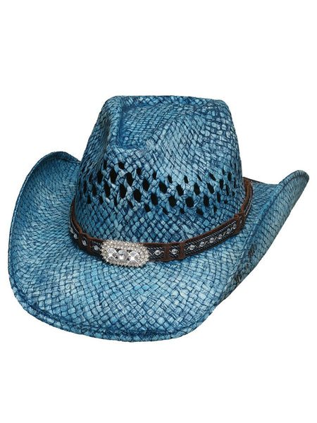 Bullhide WILD AND BLUE 2841 Western Fashion Straw Hat Blue side / front view. If you need any assistance with this item or the purchase of this item please call us at five six one seven four eight eight eight zero one Monday through Saturday 10:00a.m EST to 8:00 p.m EST