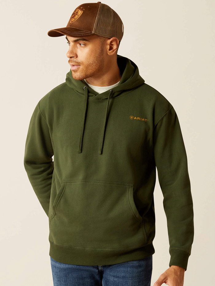 Ariat 10052461 Mens Barbwire Skull Hoodie Olive Green back view. If you need any assistance with this item or the purchase of this item please call us at five six one seven four eight eight eight zero one Monday through Saturday 10:00a.m EST to 8:00 p.m EST