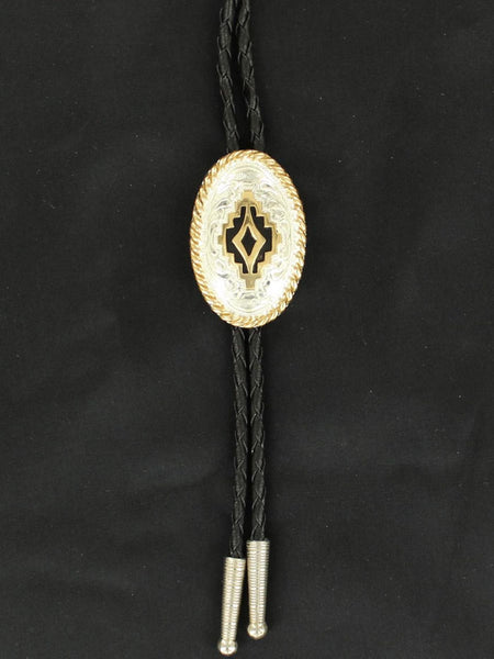 Double S C10851 Crumrine Aztec Bolo Tie Silver And Gold front view. If you need any assistance with this item or the purchase of this item please call us at five six one seven four eight eight eight zero one Monday through Saturday 10:00a.m EST to 8:00 p.m EST