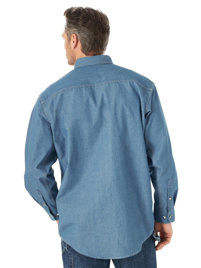 Wrangler FR3W01B Mens Flame Resistant Long Sleeve Work Shirt Blue Chambray front view. If you need any assistance with this item or the purchase of this item please call us at five six one seven four eight eight eight zero one Monday through Saturday 10:00a.m EST to 8:00 p.m EST
