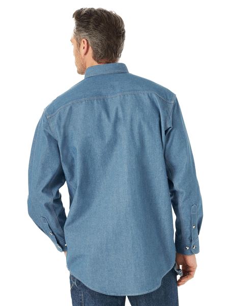Wrangler FR3W01B Mens Flame Resistant Long Sleeve Work Shirt Blue Chambray back view. If you need any assistance with this item or the purchase of this item please call us at five six one seven four eight eight eight zero one Monday through Saturday 10:00a.m EST to 8:00 p.m EST
