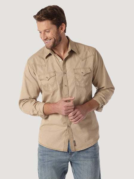 Wrangler MVR502T Mens Retro Long Sleeve Shirt Tan front view. If you need any assistance with this item or the purchase of this item please call us at five six one seven four eight eight eight zero one Monday through Saturday 10:00a.m EST to 8:00 p.m EST