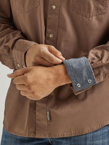 Wrangler 112338156 Mens Retro Premium Long Sleeve Shirt Camel Brown contrast cuff close up view. If you need any assistance with this item or the purchase of this item please call us at five six one seven four eight eight eight zero one Monday through Saturday 10:00a.m EST to 8:00 p.m EST