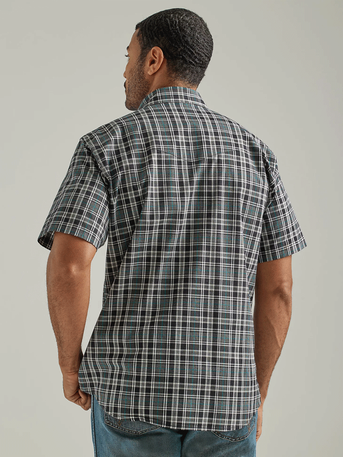 Wrangler 112326367 Mens Wrinkle Resist Short Sleeve Western Snap Plaid Shirt Black Knight front view. If you need any assistance with this item or the purchase of this item please call us at five six one seven four eight eight eight zero one Monday through Saturday 10:00a.m EST to 8:00 p.m EST