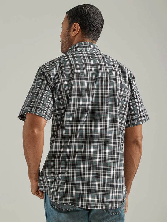 Wrangler 112326367 Mens Wrinkle Resist Short Sleeve Western Snap Plaid Shirt Black Knight back view. If you need any assistance with this item or the purchase of this item please call us at five six one seven four eight eight eight zero one Monday through Saturday 10:00a.m EST to 8:00 p.m EST