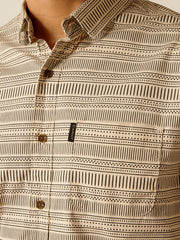 Ariat 10048634 Mens Marvin Stretch Modern Fit Shirt Sandshell front pocket close up. If you need any assistance with this item or the purchase of this item please call us at five six one seven four eight eight eight zero one Monday through Saturday 10:00a.m EST to 8:00 p.m EST