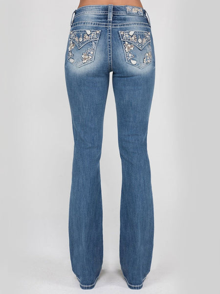 Miss Me M9254B Womens Mid Rise Bootcut Jeans Medium Blue back view. If you need any assistance with this item or the purchase of this item please call us at five six one seven four eight eight eight zero one Monday through Saturday 10:00a.m EST to 8:00 p.m EST