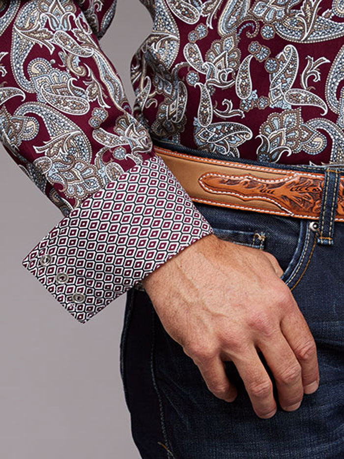 Stetson 11-001-0425-5026 Mens Long Sleeve Paisley Print Snap Shirt Wine front view. If you need any assistance with this item or the purchase of this item please call us at five six one seven four eight eight eight zero one Monday through Saturday 10:00a.m EST to 8:00 p.m EST