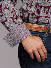 Stetson 11-001-0425-5026 Mens Long Sleeve Paisley Print Snap Shirt Wine cuff close up. If you need any assistance with this item or the purchase of this item please call us at five six one seven four eight eight eight zero one Monday through Saturday 10:00a.m EST to 8:00 p.m EST