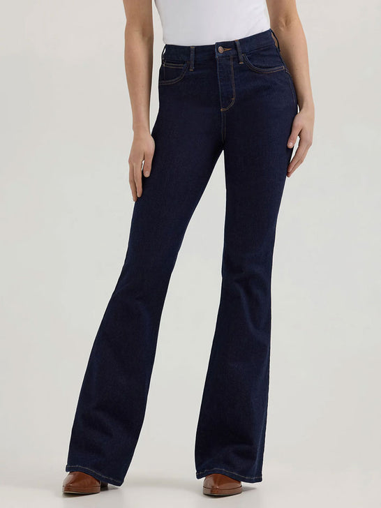 Wrangler 112361641 Womens Bespoke High Rise Fashion Flare Jean Adalyn Navy front view. If you need any assistance with this item or the purchase of this item please call us at five six one seven four eight eight eight zero one Monday through Saturday 10:00a.m EST to 8:00 p.m EST