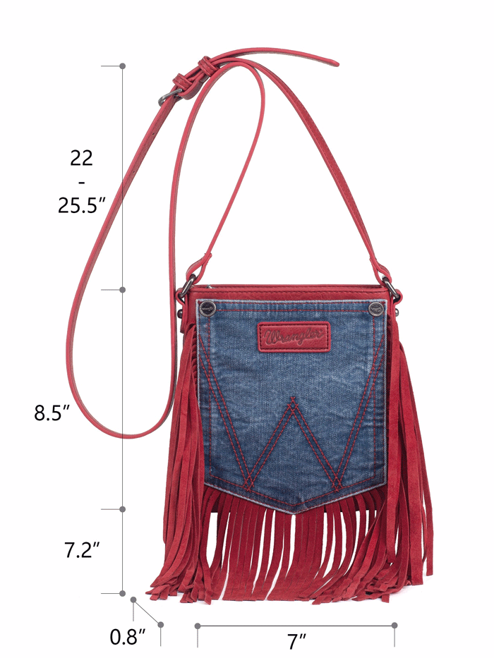 Wrangler WG44-8360RD Womens Leather Fringe Jean Denim Pocket Crossbody Bag Red front. If you need any assistance with this item or the purchase of this item please call us at five six one seven four eight eight eight zero one Monday through Saturday 10:00a.m EST to 8:00 p.m EST

