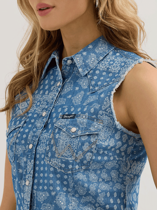 Wrangler 112365054 Womens Bandana Print Crop Western Snap Tank Denim side view. If you need any assistance with this item or the purchase of this item please call us at five six one seven four eight eight eight zero one Monday through Saturday 10:00a.m EST to 8:00 p.m EST