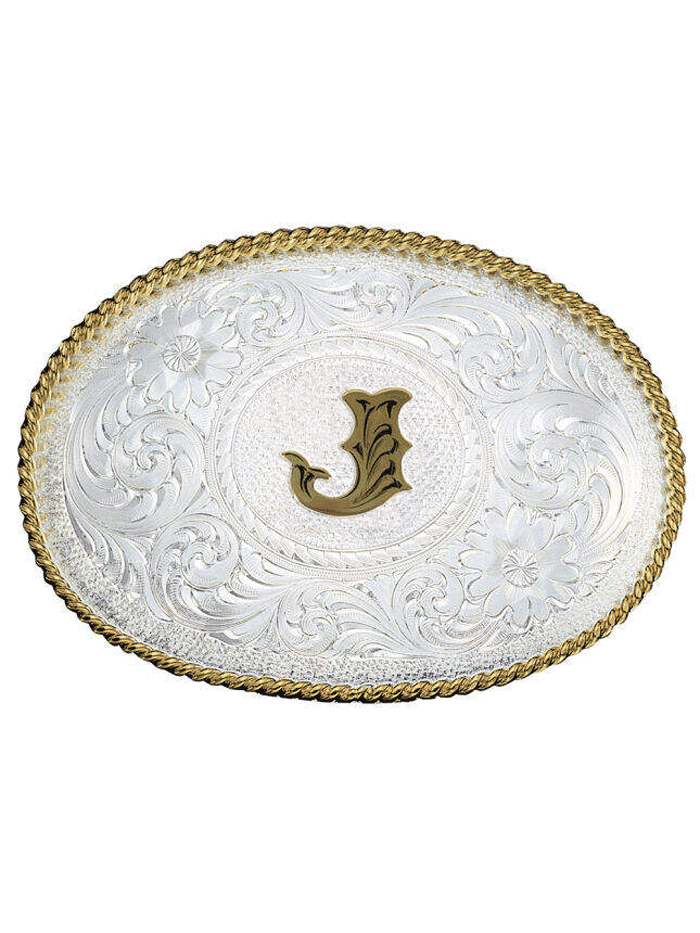Montana Silversmiths 700 Initial Silver Engraved Gold Trim Western Belt Buckle ABC Letter front view. If you need any assistance with this item or the purchase of this item please call us at five six one seven four eight eight eight zero one Monday through Saturday 10:00a.m EST to 8:00 p.m EST