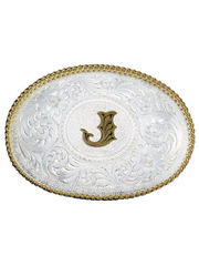 Montana Silversmiths 700 Initial Silver Engraved Gold Trim Western Belt Buckle letter J front view. If you need any assistance with this item or the purchase of this item please call us at five six one seven four eight eight eight zero one Monday through Saturday 10:00a.m EST to 8:00 p.m EST