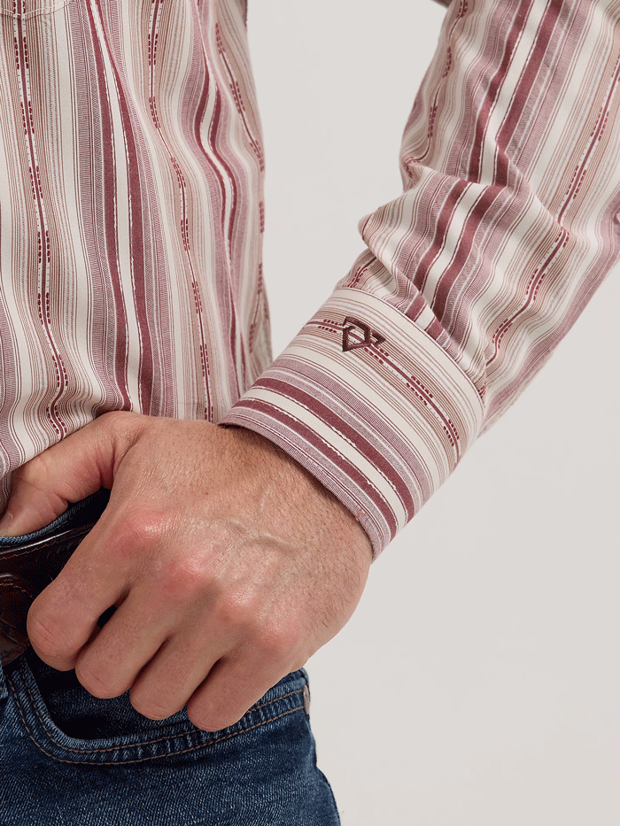 Wrangler 112357669 Mens Cody Johnson Button Down Stripe Shirt Burgundy front. If you need any assistance with this item or the purchase of this item please call us at five six one seven four eight eight eight zero one Monday through Saturday 10:00a.m EST to 8:00 p.m EST