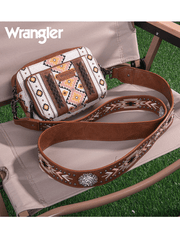 Wrangler WG2207-3003CF Womens Aztec Printed Crossbody Purse With Wallet Compartment Coffee Tan front and side view with strap. If you need any assistance with this item or the purchase of this item please call us at five six one seven four eight eight eight zero one Monday through Saturday 10:00a.m EST to 8:00 p.m EST

