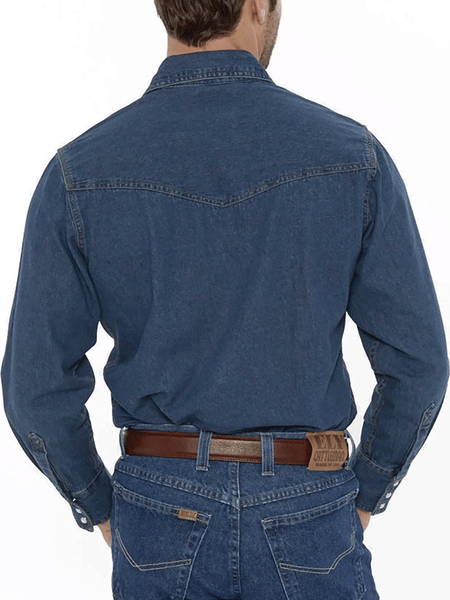 Ely Cattleman 115202950RG-75 Mens Long Sleeve Western Snap Shirt Denim back view tucked in. If you need any assistance with this item or the purchase of this item please call us at five six one seven four eight eight eight zero one Monday through Saturday 10:00a.m EST to 8:00 p.m EST