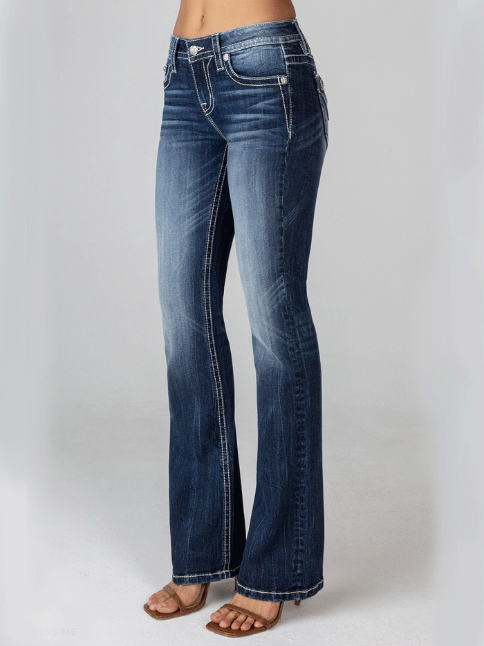 Miss Me M3976B3 Womens Mid Rise Bootcut Jeans Medium Blue back view. If you need any assistance with this item or the purchase of this item please call us at five six one seven four eight eight eight zero one Monday through Saturday 10:00a.m EST to 8:00 p.m EST