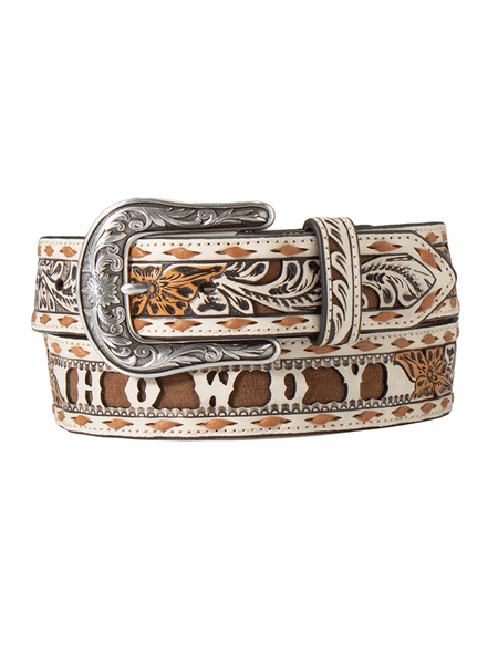 Angel Ranch D140006512 Womens Howdy Filigree Belt Brown Ivory front and back view. If you need any assistance with this item or the purchase of this item please call us at five six one seven four eight eight eight zero one Monday through Saturday 10:00a.m EST to 8:00 p.m EST